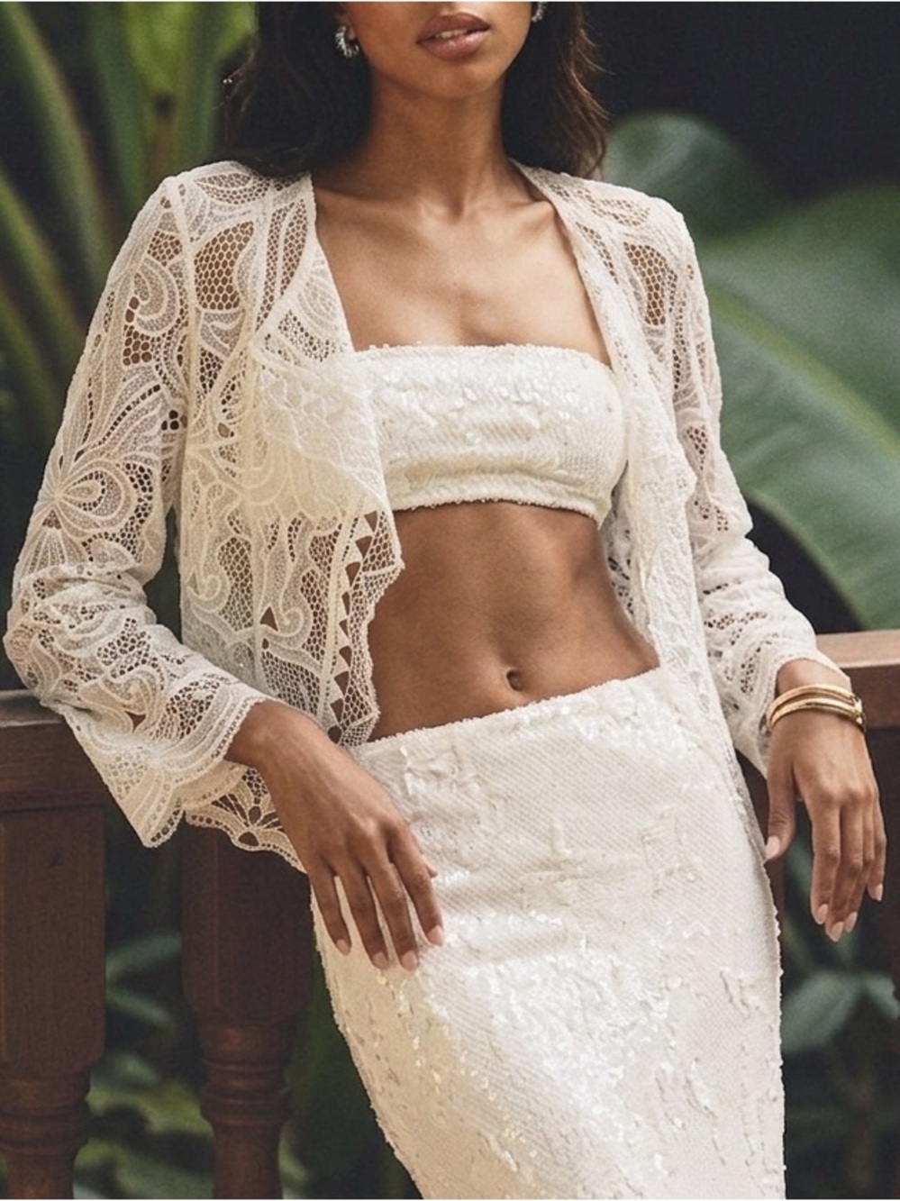 BCBGMaxAzria Textured White Open Front Lace Crop Cardigan